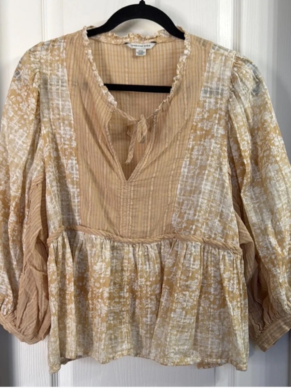 American Eagle Outfitters Cream Puff Sleeve Blouse with Smocked Peplum Size M